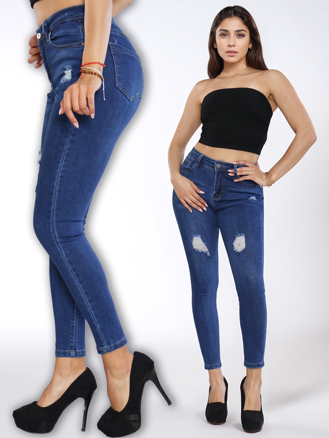 Pantalón de Mezclilla para Mujer - Básicos Ajustados con Diseño Roto en Azul