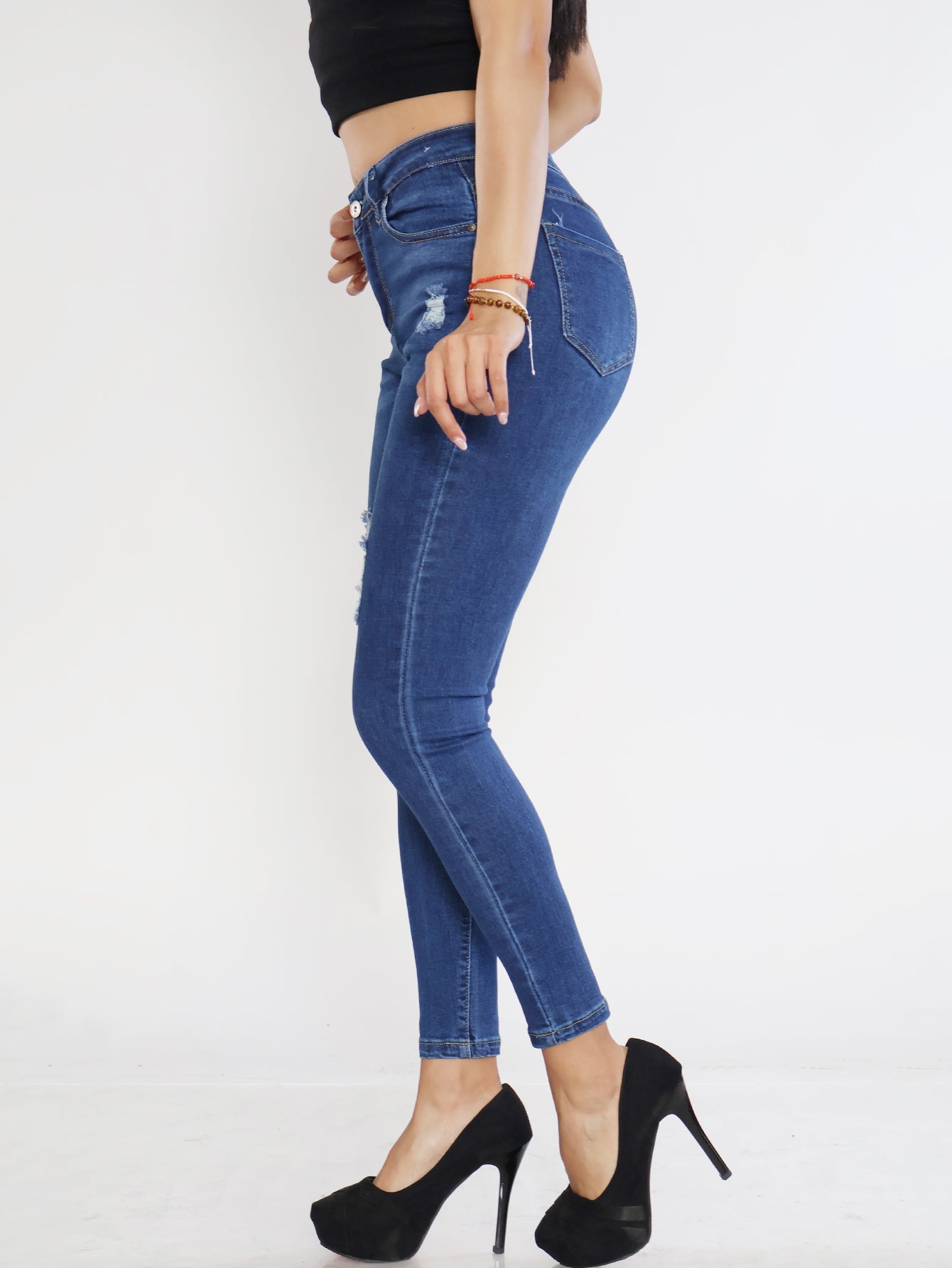 Pantalón de Mezclilla para Mujer - Básicos Ajustados con Diseño Roto en Azul