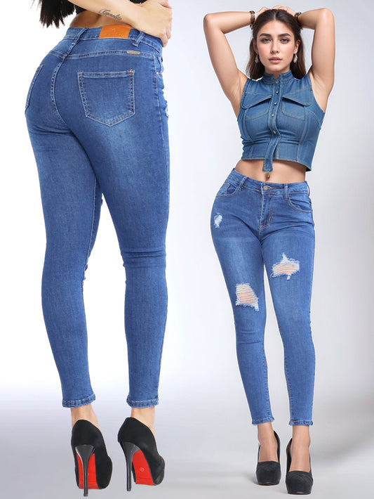 Pantalones Vaqueros Desgastados con Roturas para Mujer - Talle Alto en Azul