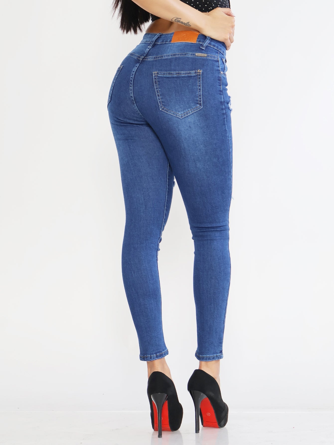 Pantalones Vaqueros Desgastados con Roturas para Mujer - Talle Alto en Azul