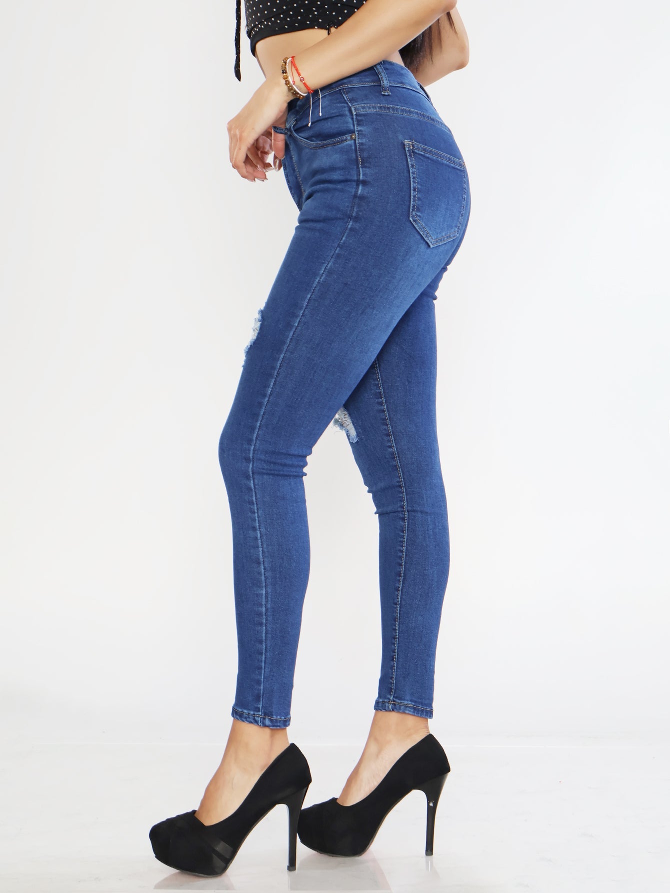 Pantalones Vaqueros Desgastados con Roturas para Mujer - Talle Alto en Azul