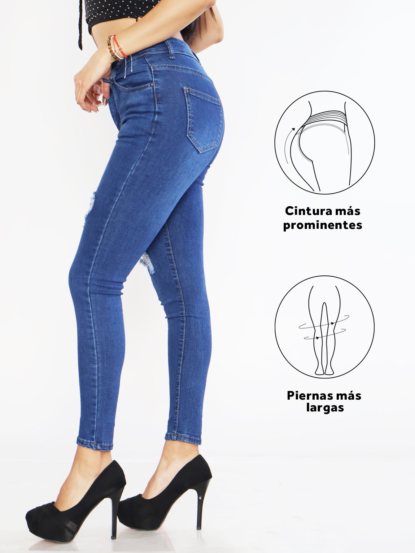 Pantalones Vaqueros Desgastados con Roturas para Mujer - Talle Alto en Azul