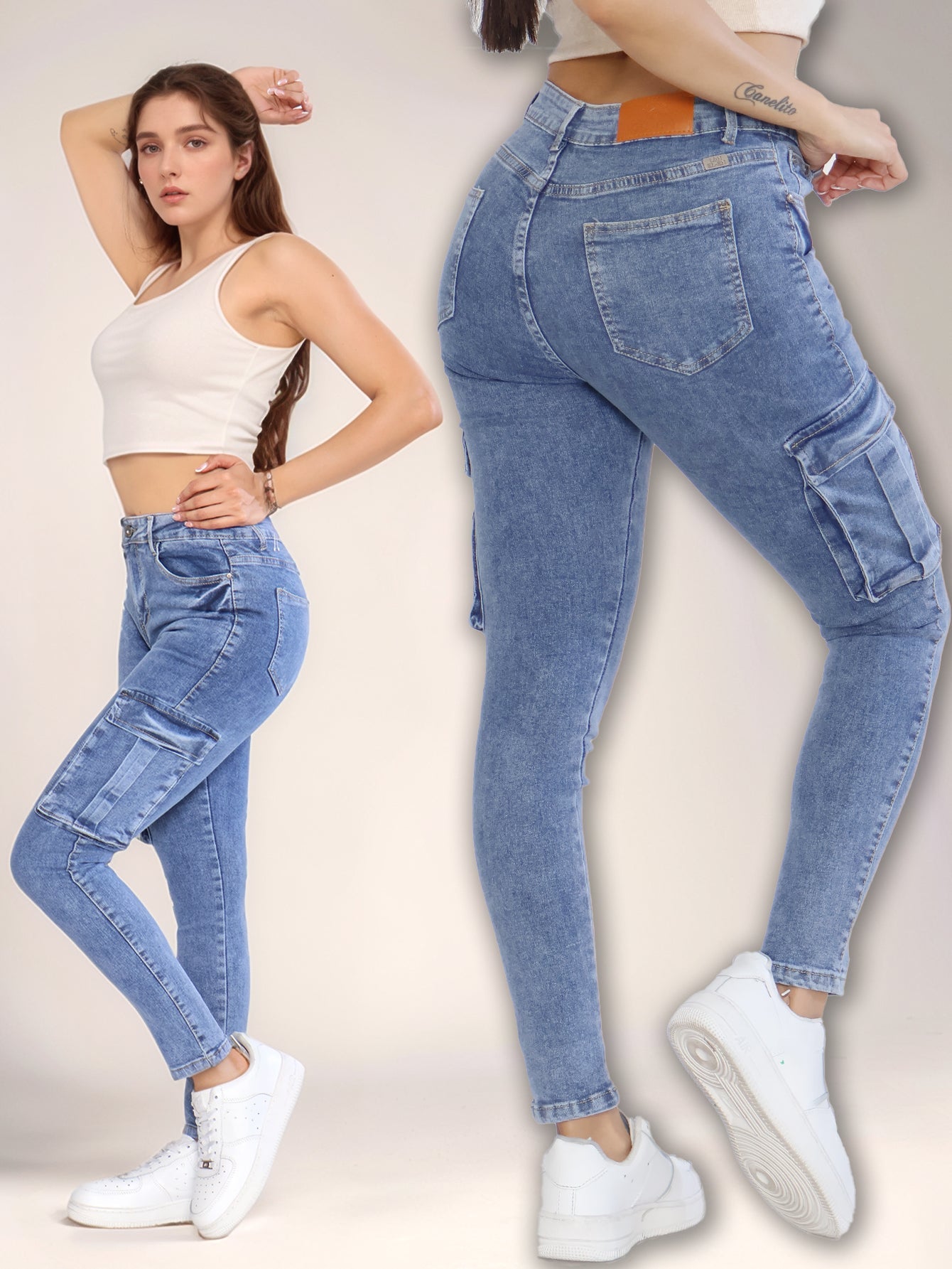 Pantalones Vaqueros Ajustados para Mujer - Azul Desgastado con Bolsillos Especiales