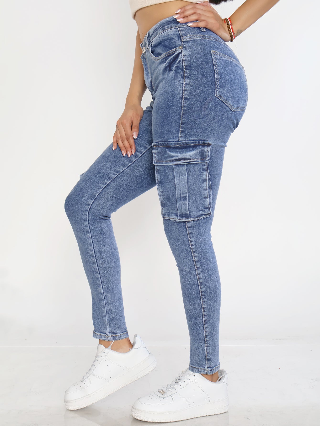 Pantalones Vaqueros Ajustados para Mujer - Azul Desgastado con Bolsillos Especiales