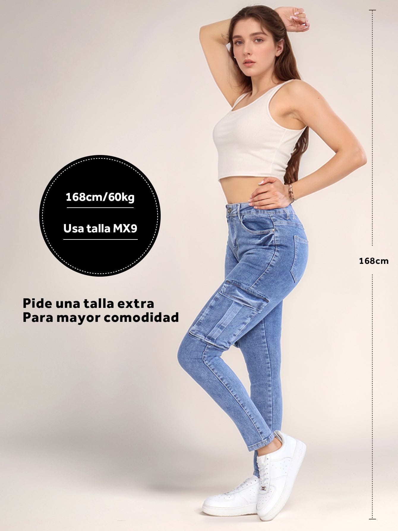 Pantalones Vaqueros Ajustados para Mujer - Azul Desgastado con Bolsillos Especiales