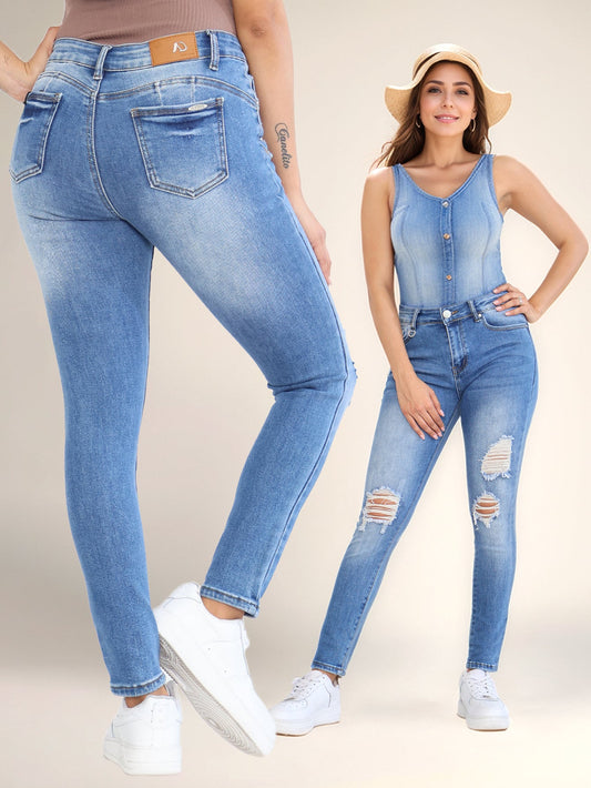 Pantalones Vaqueros Rasgados para Mujer - Tiro Alto y Estilo Desgastado en Azul