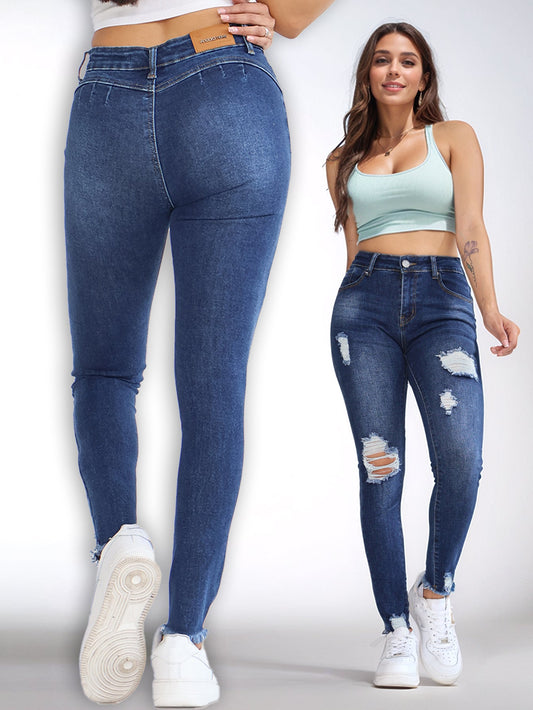 Jeans Rasgados de Mezclilla Azul Oscuro para Mujer - Cintura Alta y Look Moderno