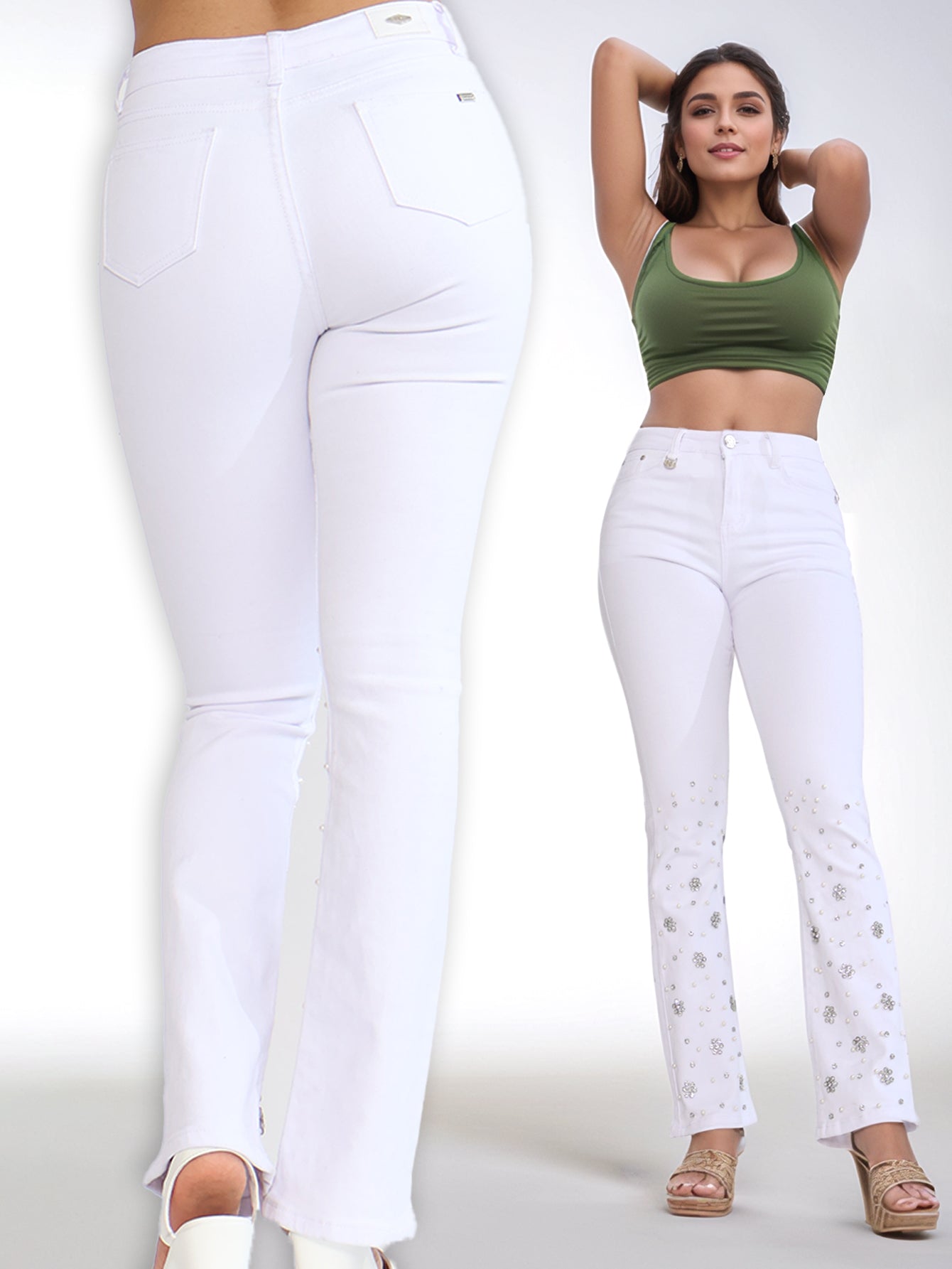 Pantalones Vaqueros Blancos para Dama - Adornos de Pétalos con Brillantes, Ideales para Eventos