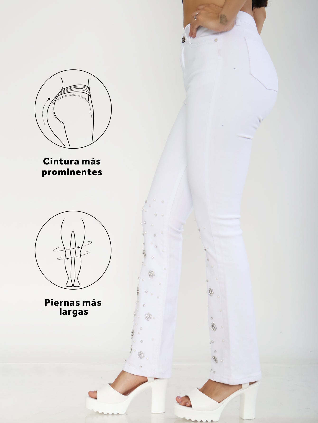 Pantalones Vaqueros Blancos para Dama - Adornos de Pétalos con Brillantes, Ideales para Eventos