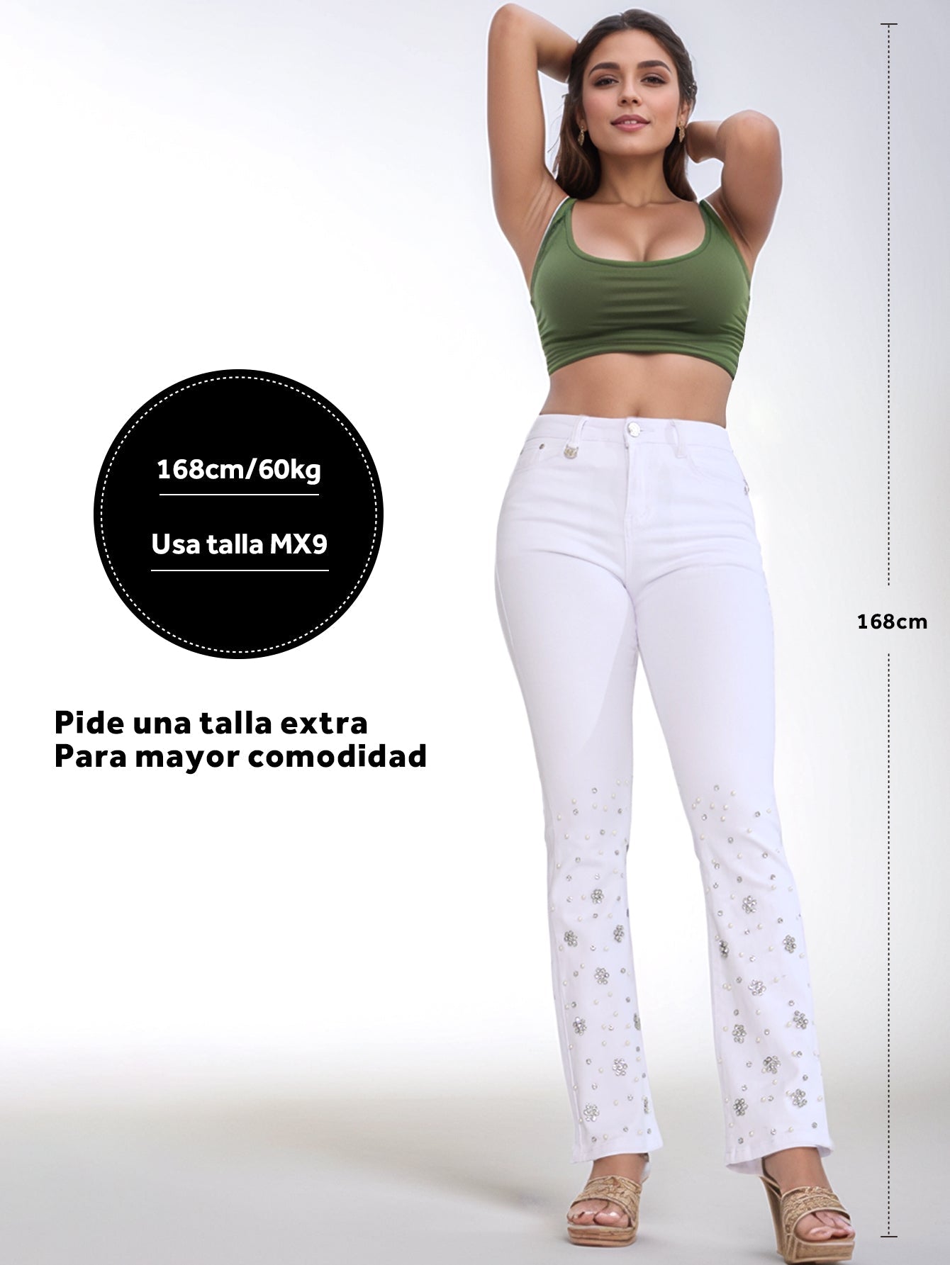 Pantalones Vaqueros Blancos para Dama - Adornos de Pétalos con Brillantes, Ideales para Eventos