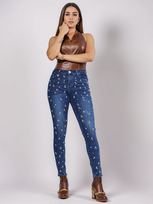 Jeans Ajustados de Mezclilla para Mujer - Tiro Alto y Cintura Media con Decoración de Diamante