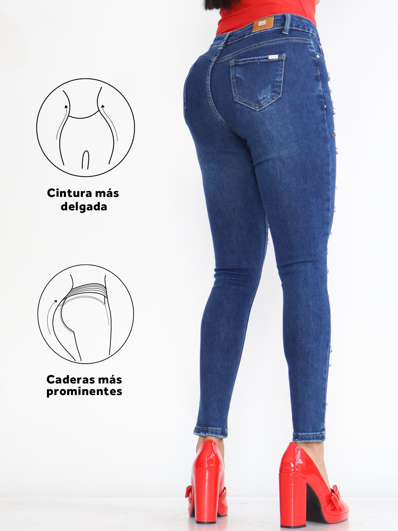 Jeans Ajustados de Mezclilla para Mujer - Tiro Alto y Cintura Media con Decoración de Diamante