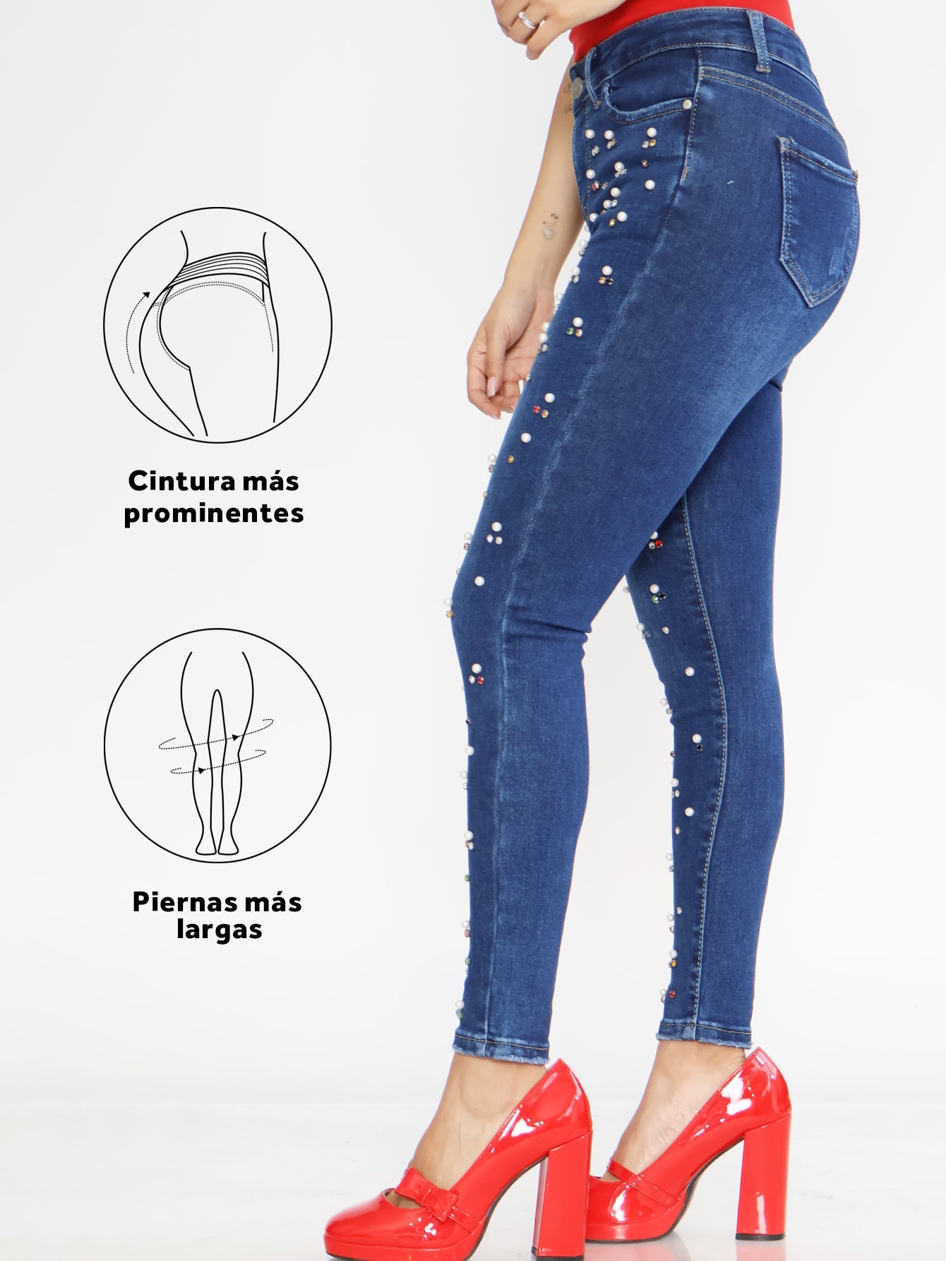 Jeans Ajustados de Mezclilla para Mujer - Tiro Alto con Decoración de Diamante