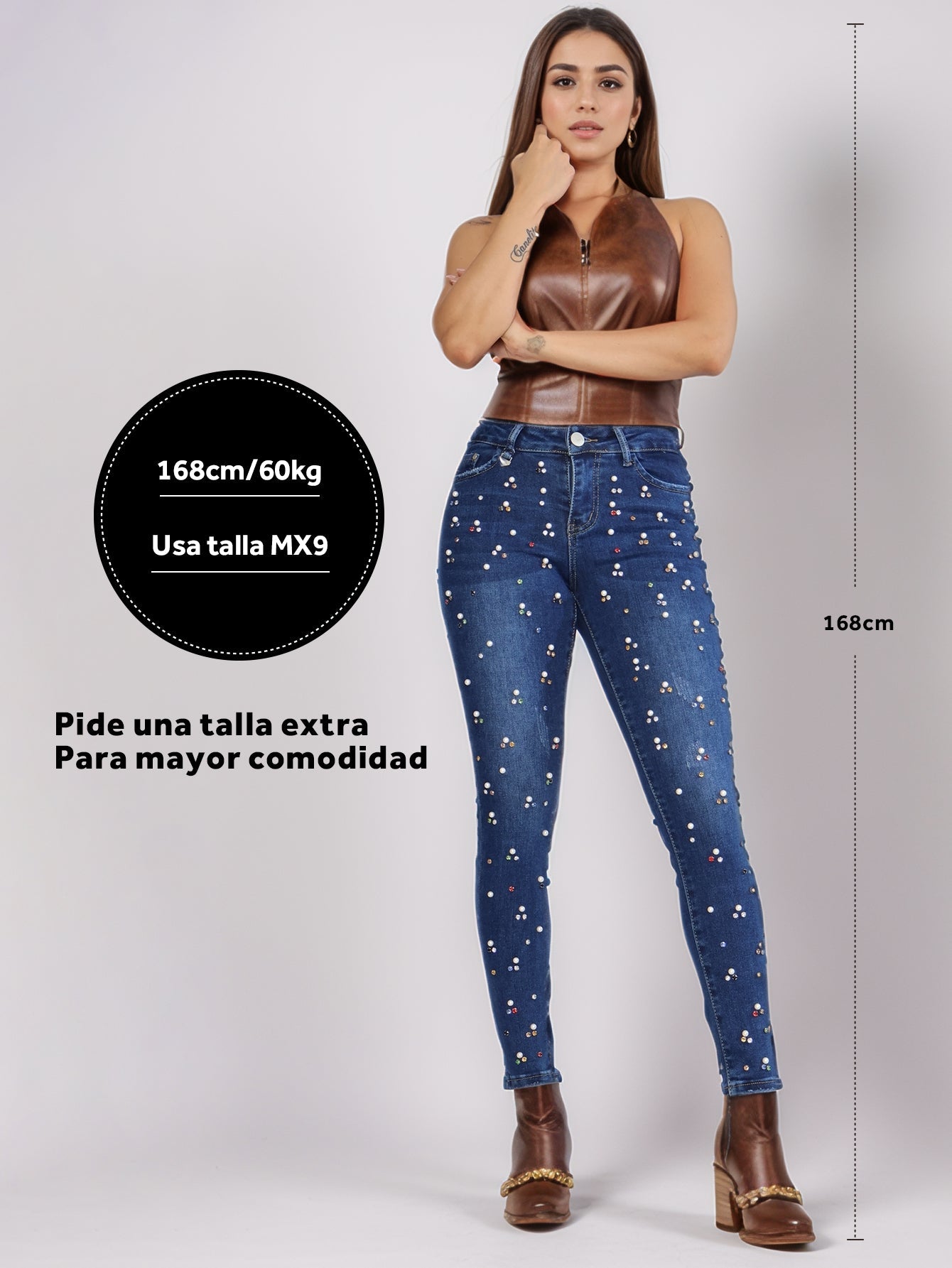 Jeans Ajustados de Mezclilla para Mujer - Tiro Alto y Cintura Media con Decoración de Diamante