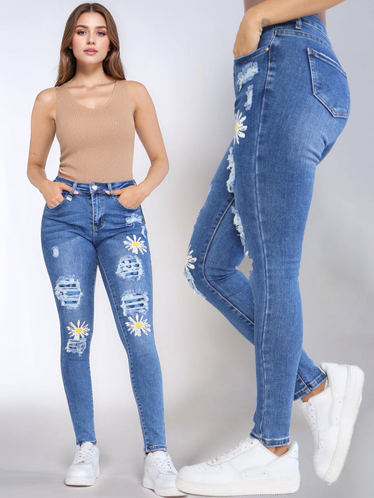 Pantalones Vaqueros Pitillo para Mujer - Jeans Rotos Azules con Estampado y Mezclilla Elástica