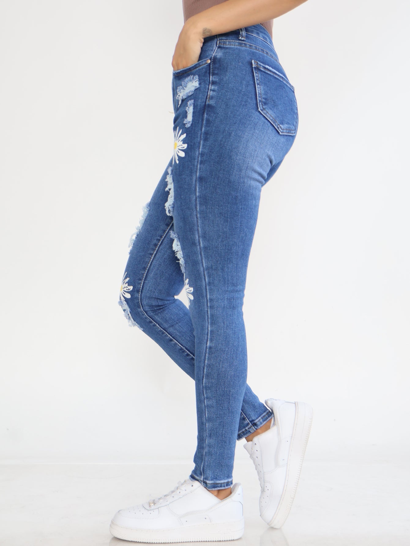 Pantalones Vaqueros Pitillo para Mujer - Jeans Rotos Azules con Estampado y Mezclilla Elástica