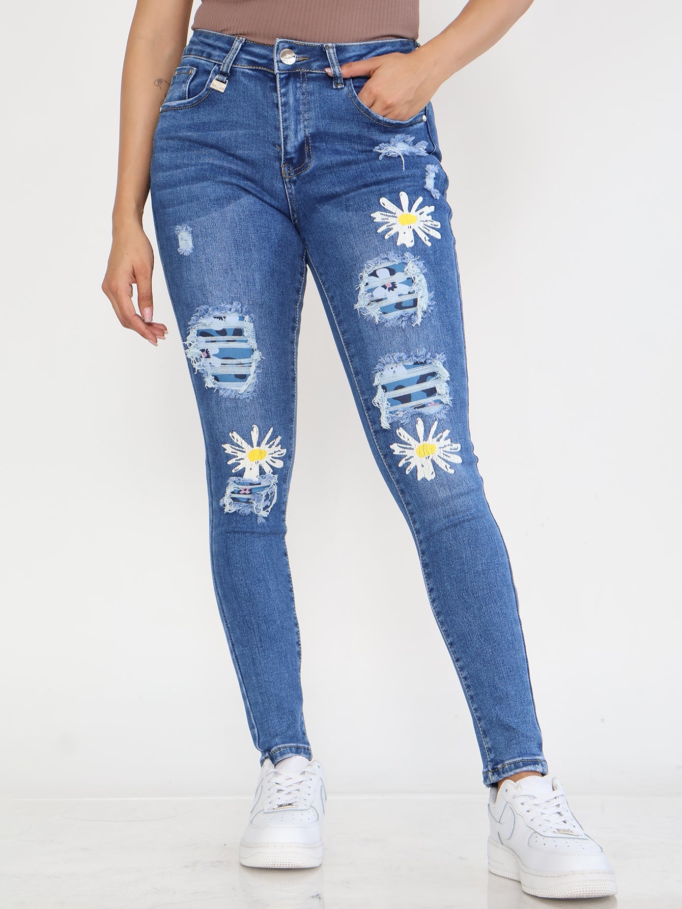 Pantalones Vaqueros Pitillo para Mujer - Jeans Rotos Azules con Estampado y Mezclilla Elástica