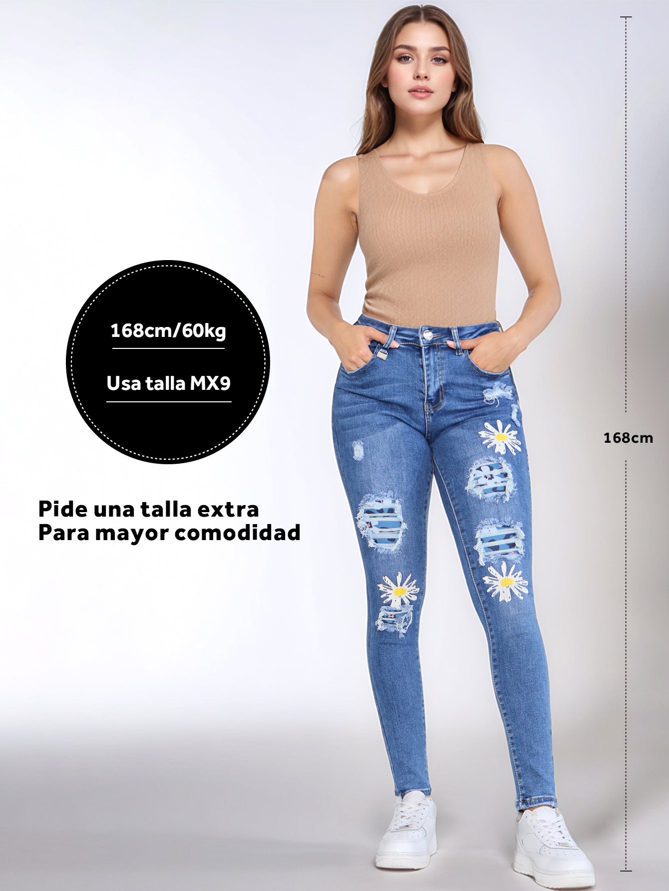 Pantalones Vaqueros Pitillo para Mujer - Jeans Rotos Azules con Estampado y Mezclilla Elástica