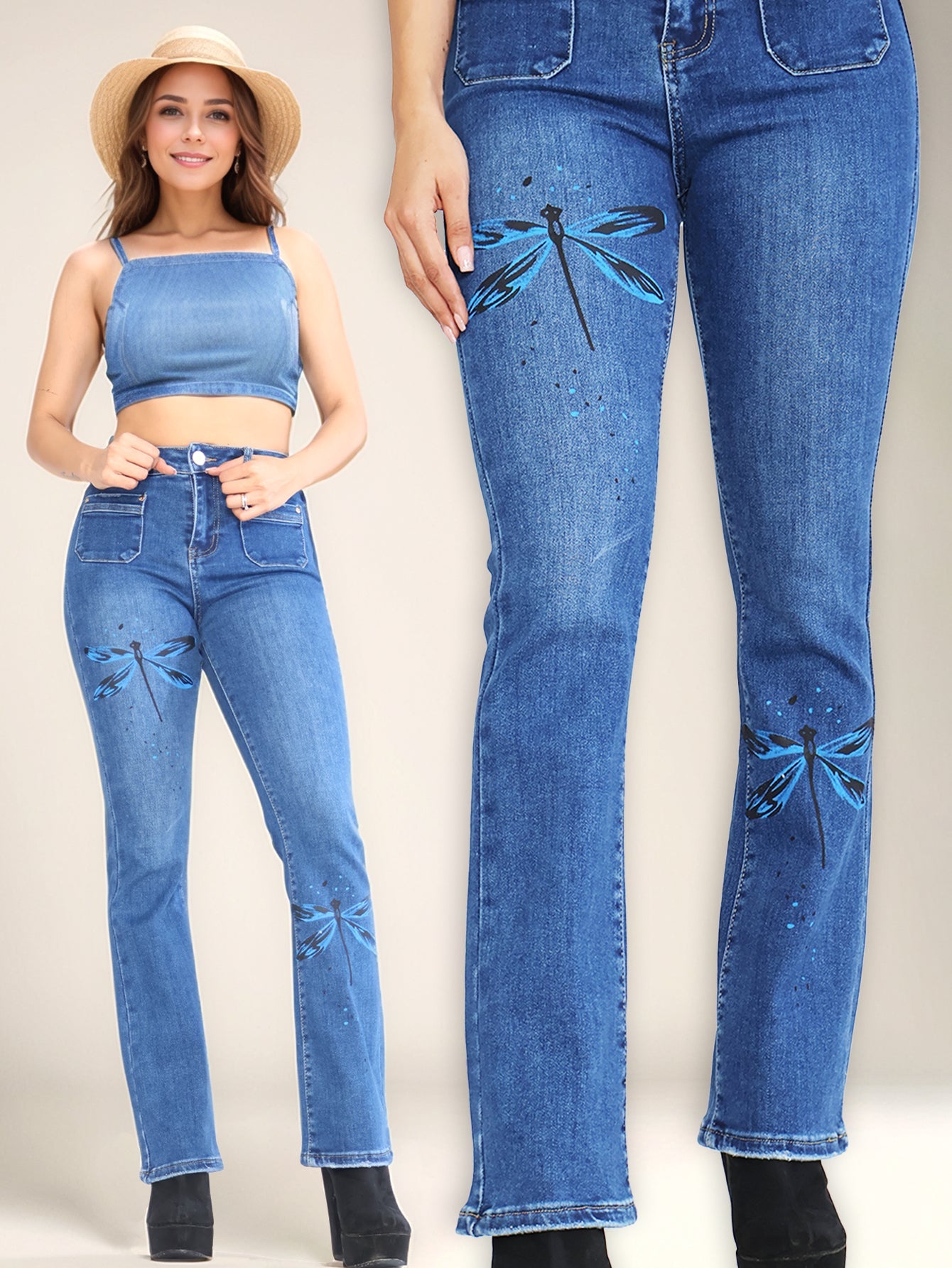 Jeans Ajustados de Mezclilla Acampanados para Mujer - Cintura Alta con Estampado de Libélulas