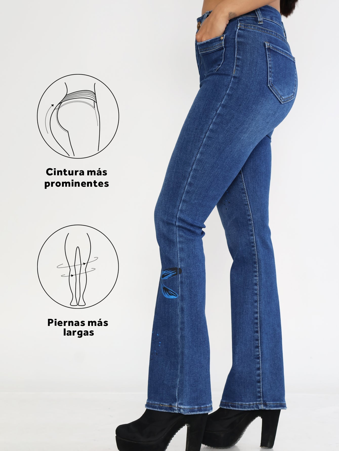 Jeans Ajustados de Mezclilla Acampanados para Mujer - Cintura Alta con Estampado de Libélulas