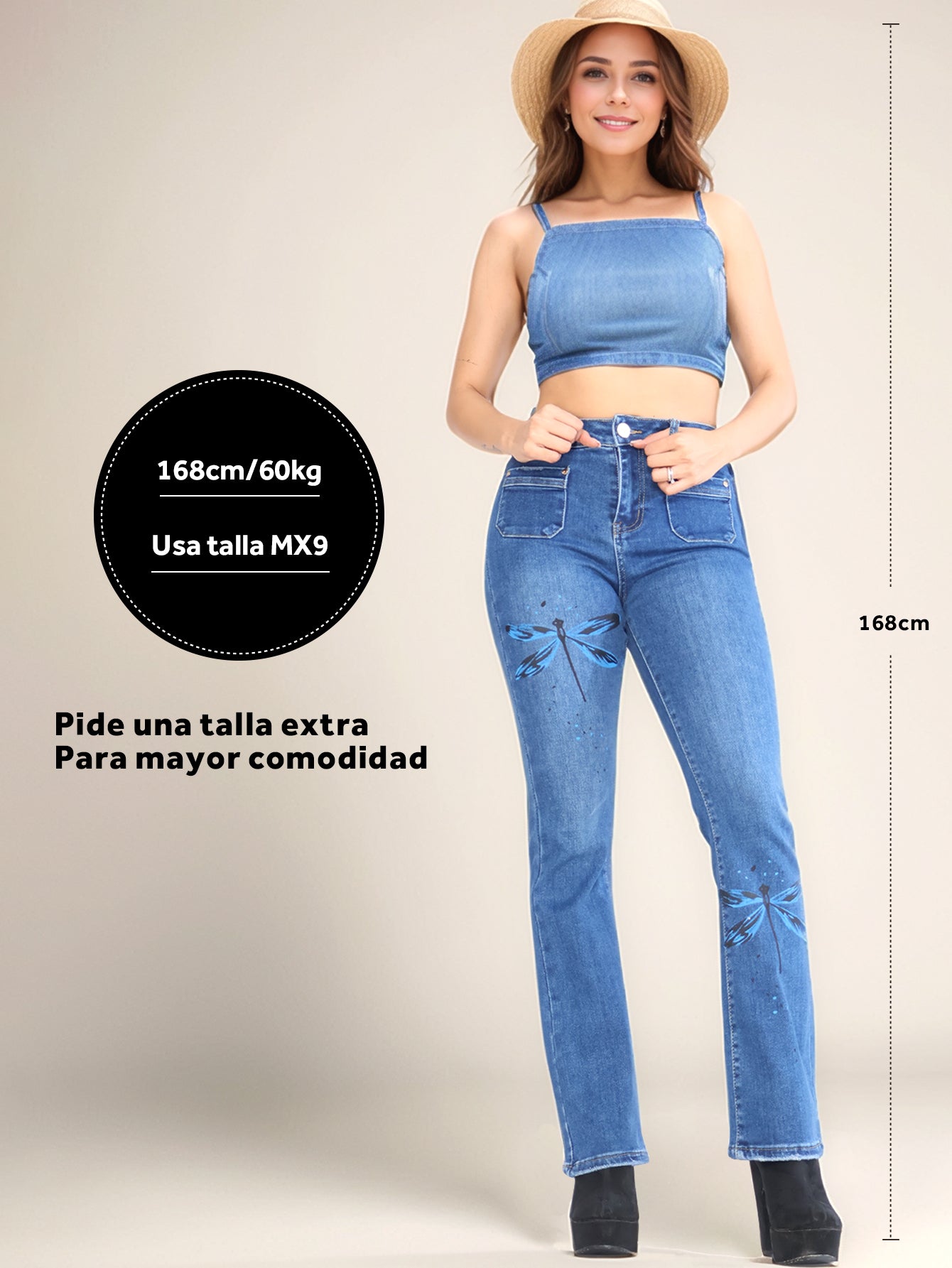 Jeans Ajustados de Mezclilla Acampanados para Mujer - Cintura Alta con Estampado de Libélulas