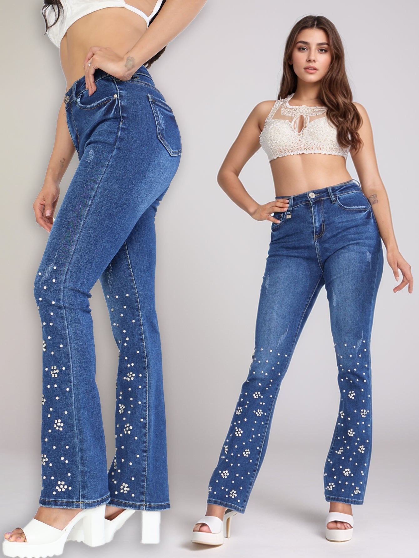 Pantalones Vaqueros de Tiro Alto con Adornos de Perlas - Ajuste Cómodo y Estilo Chic