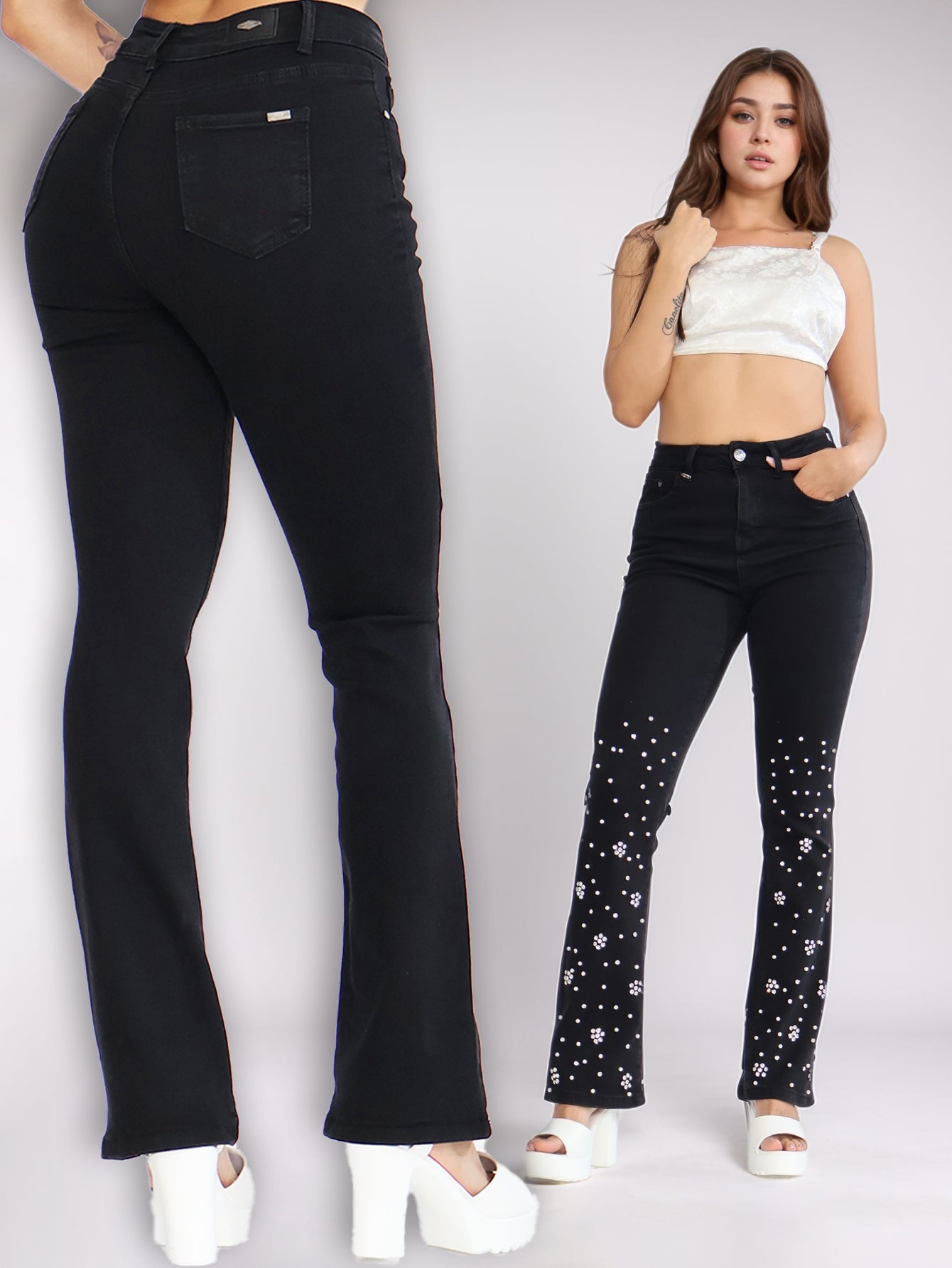 Pantalones Vaqueros de Tiro Alto con Perlas - Ajuste Cómodo y Estilo Urbano Chic