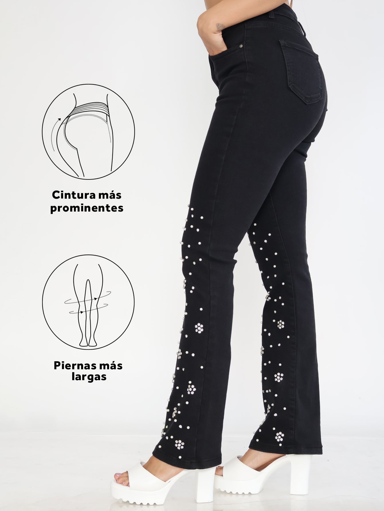 Pantalones Vaqueros de Tiro Alto con Perlas - Ajuste Cómodo y Estilo Urbano Chic