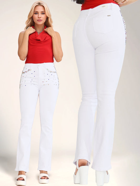 Pantalones Vaqueros Blancos con Cristales Brillantes - Jeans Acampanados de Cintura Alta para Mujer