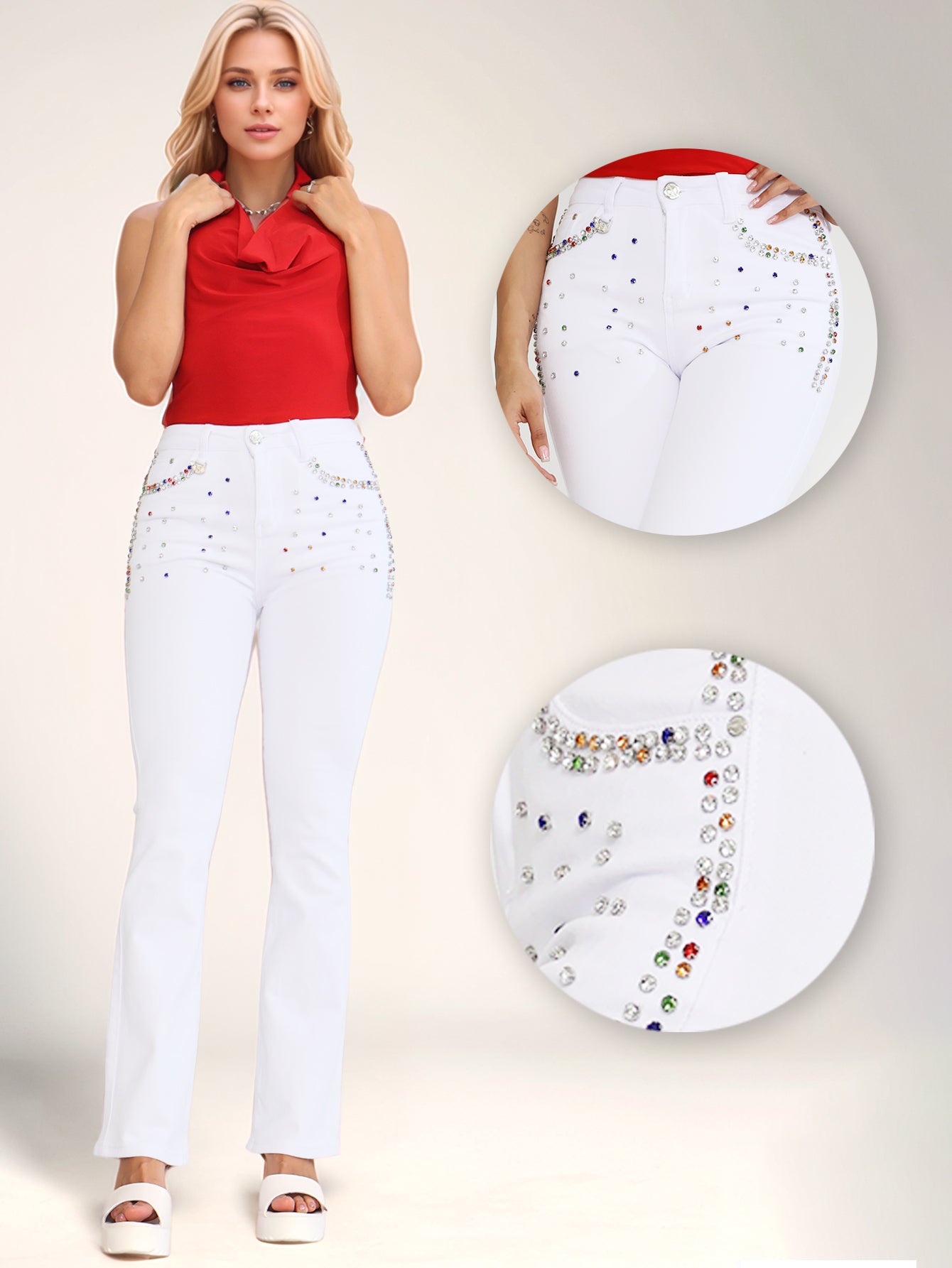 Pantalones Vaqueros Blancos con Cristales Brillantes - Jeans Acampanados de Cintura Alta para Mujer