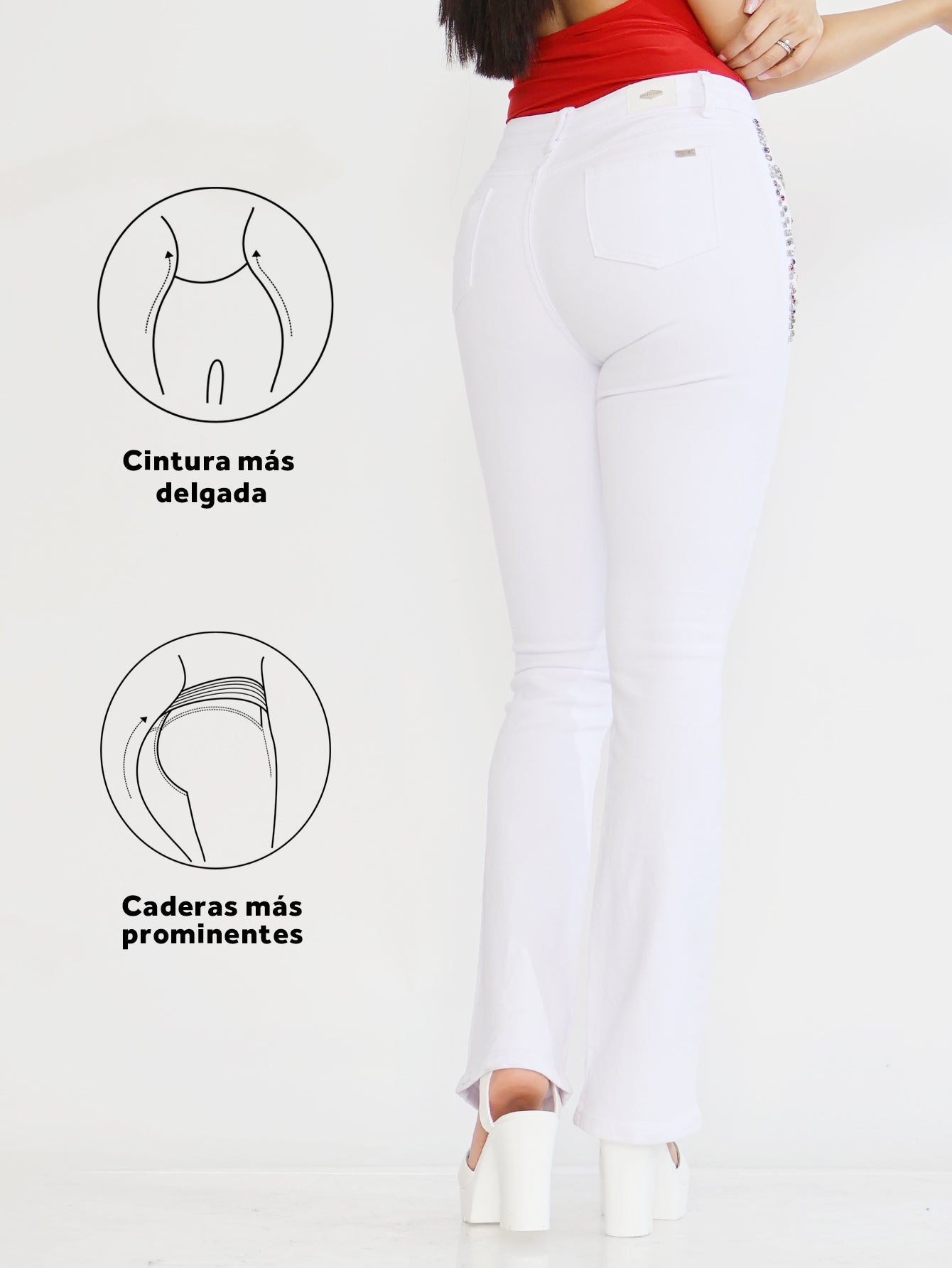 Pantalones Vaqueros Blancos con Cristales Brillantes - Jeans Acampanados de Cintura Alta para Mujer