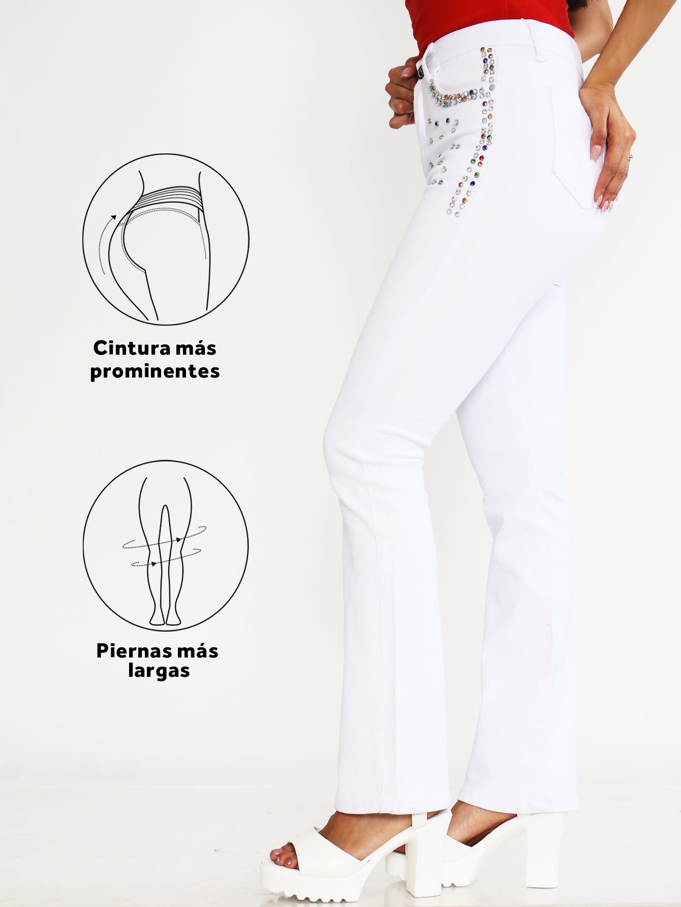 Pantalones Vaqueros Blancos con Cristales Brillantes - Jeans Acampanados de Cintura Alta para Mujer