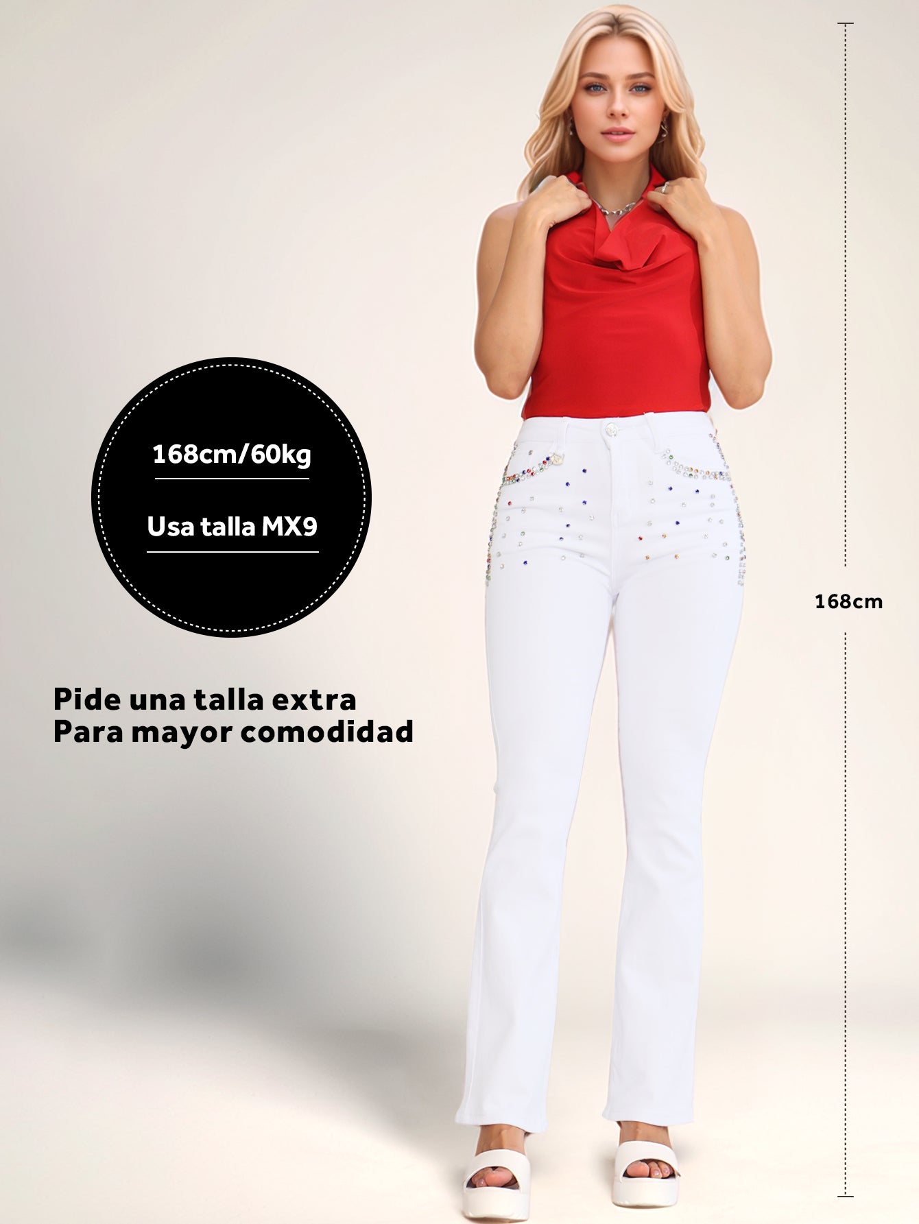 Pantalones Vaqueros Blancos con Cristales Brillantes - Jeans Acampanados de Cintura Alta para Mujer