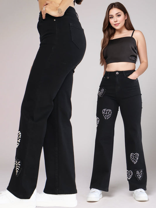 Pantalones Vaqueros Negros para Mujer - Diseño con Corazones de Lentejuelas