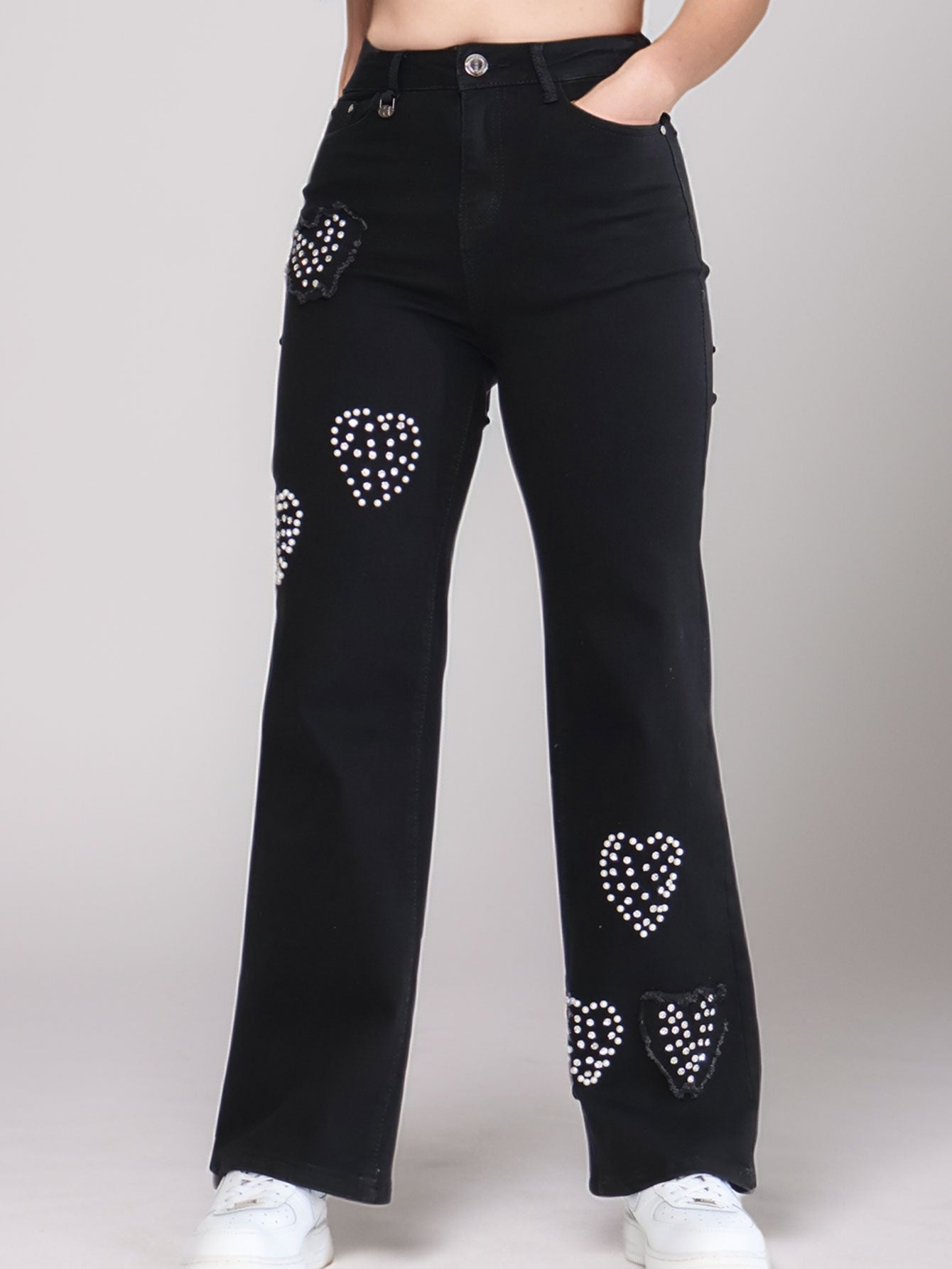 Pantalones Vaqueros Negros para Mujer - Diseño con Corazones de Lentejuelas