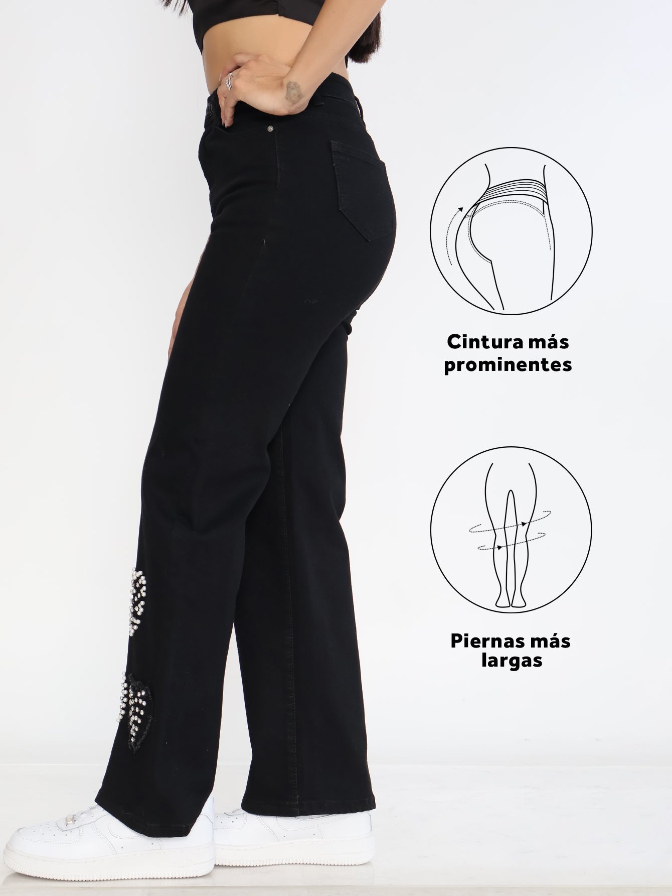 Pantalones Vaqueros Negros para Mujer - Diseño con Corazones de Lentejuelas