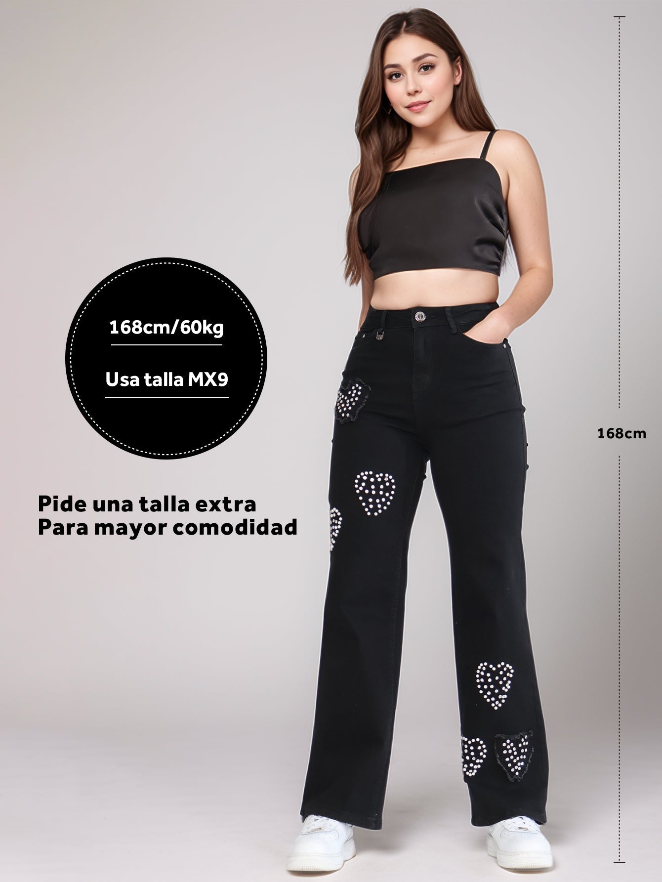 Pantalones Vaqueros Negros para Mujer - Diseño con Corazones de Lentejuelas