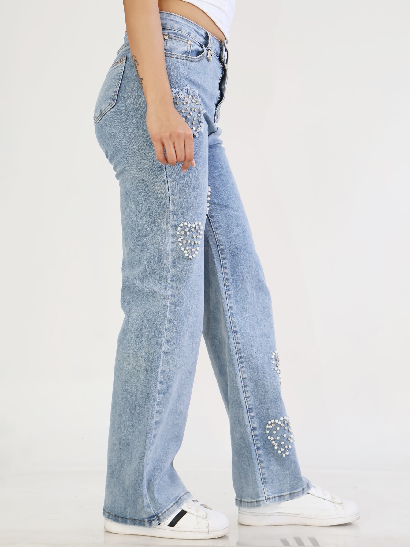 Pantalones Vaqueros Azules para Mujer - Diseño con Corazones de Lentejuelas