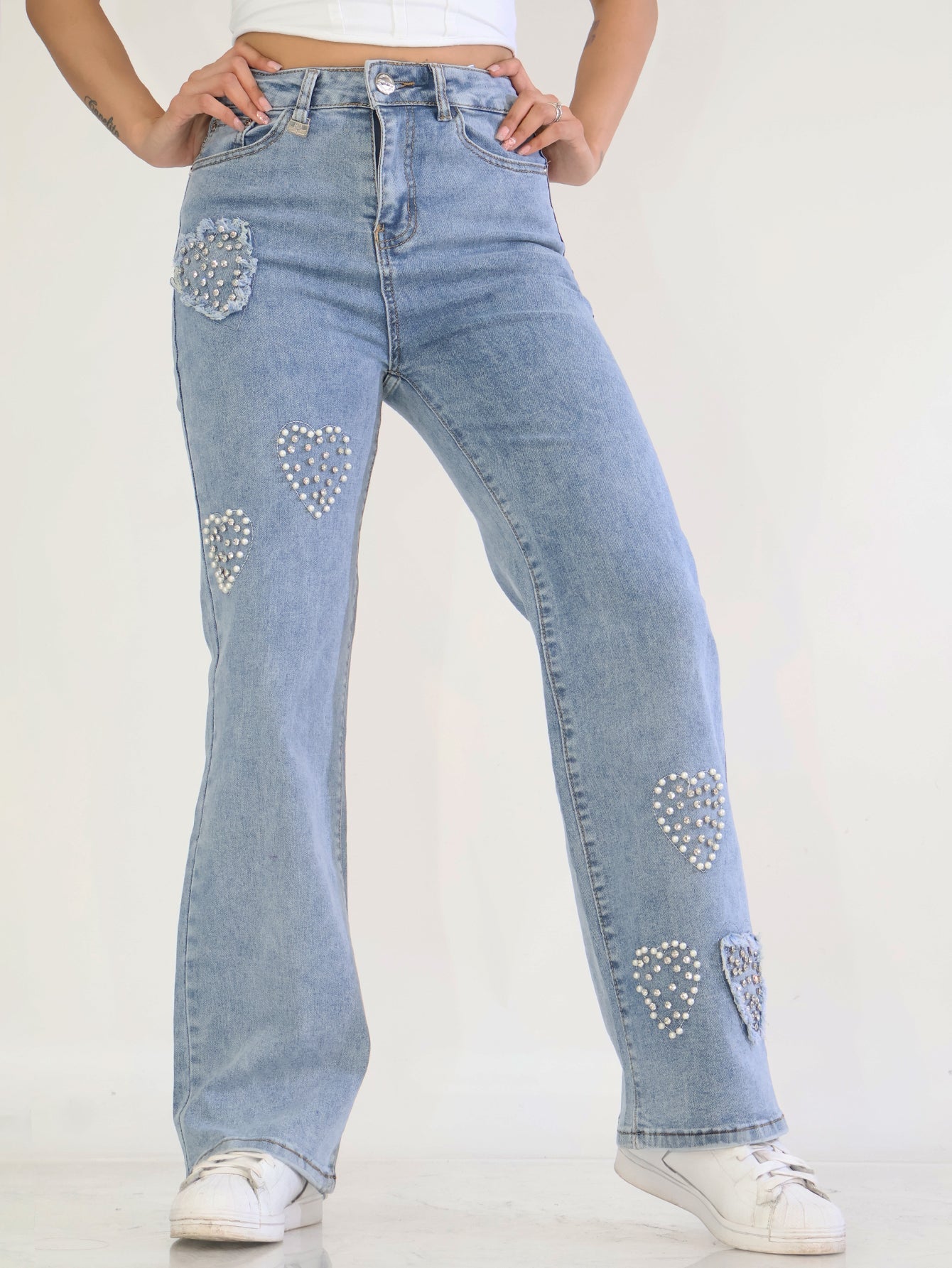 Pantalones Vaqueros Azules para Mujer - Diseño con Corazones de Lentejuelas