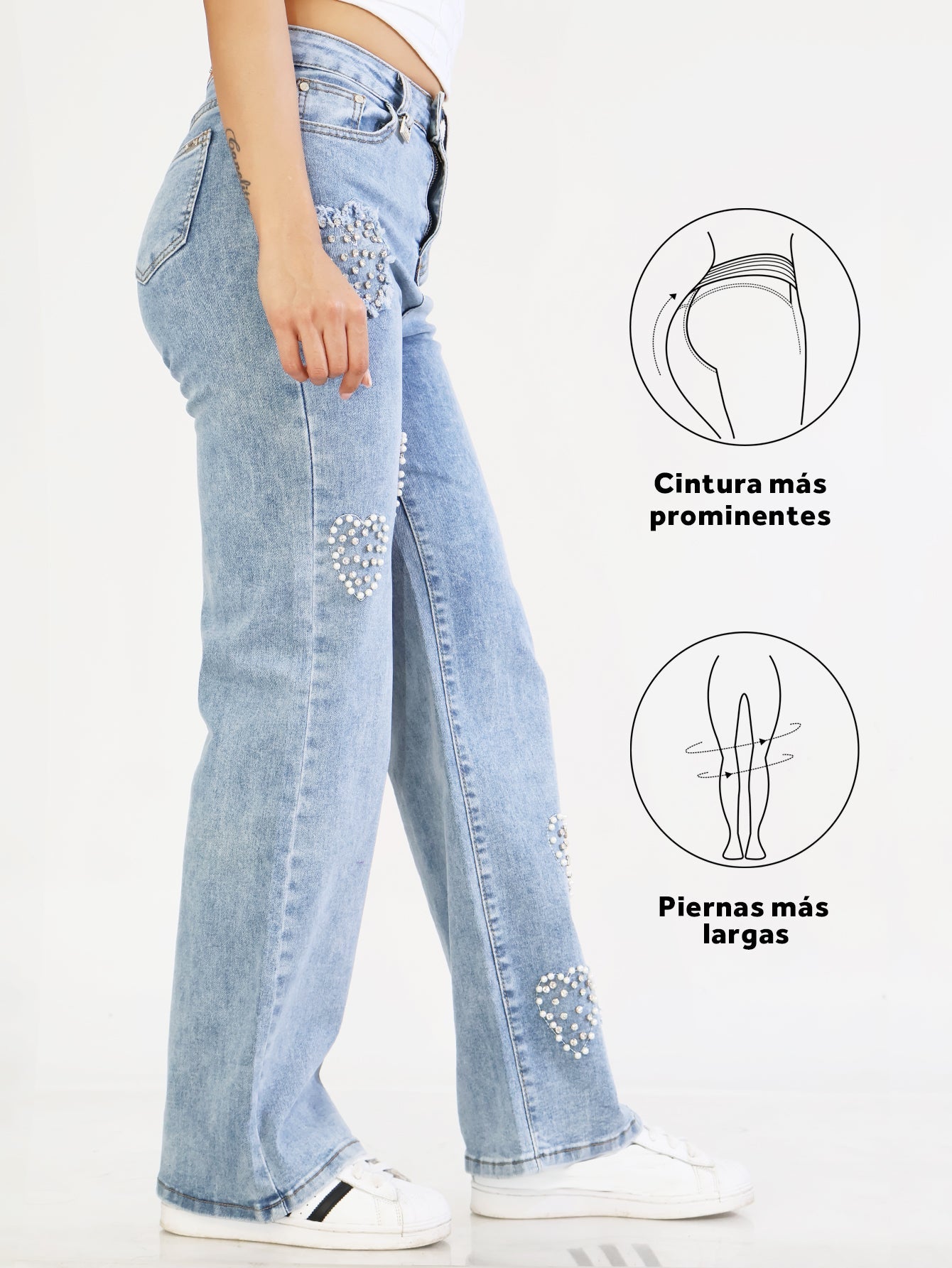 Pantalones Vaqueros Azules para Mujer - Diseño con Corazones de Lentejuelas