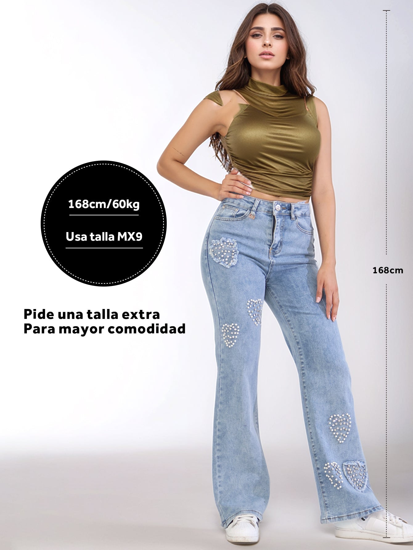 Pantalones Vaqueros Azules para Mujer - Diseño con Corazones de Lentejuelas