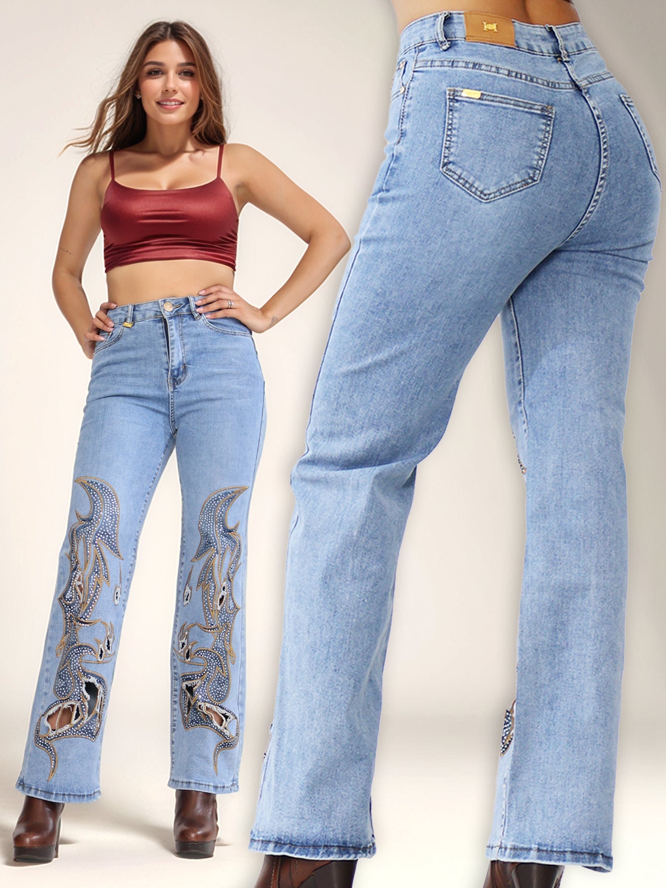 Jeans de Mezclilla de Pierna Ancha para Mujer - Cintura Alta y Flexible con Diseño de Flores