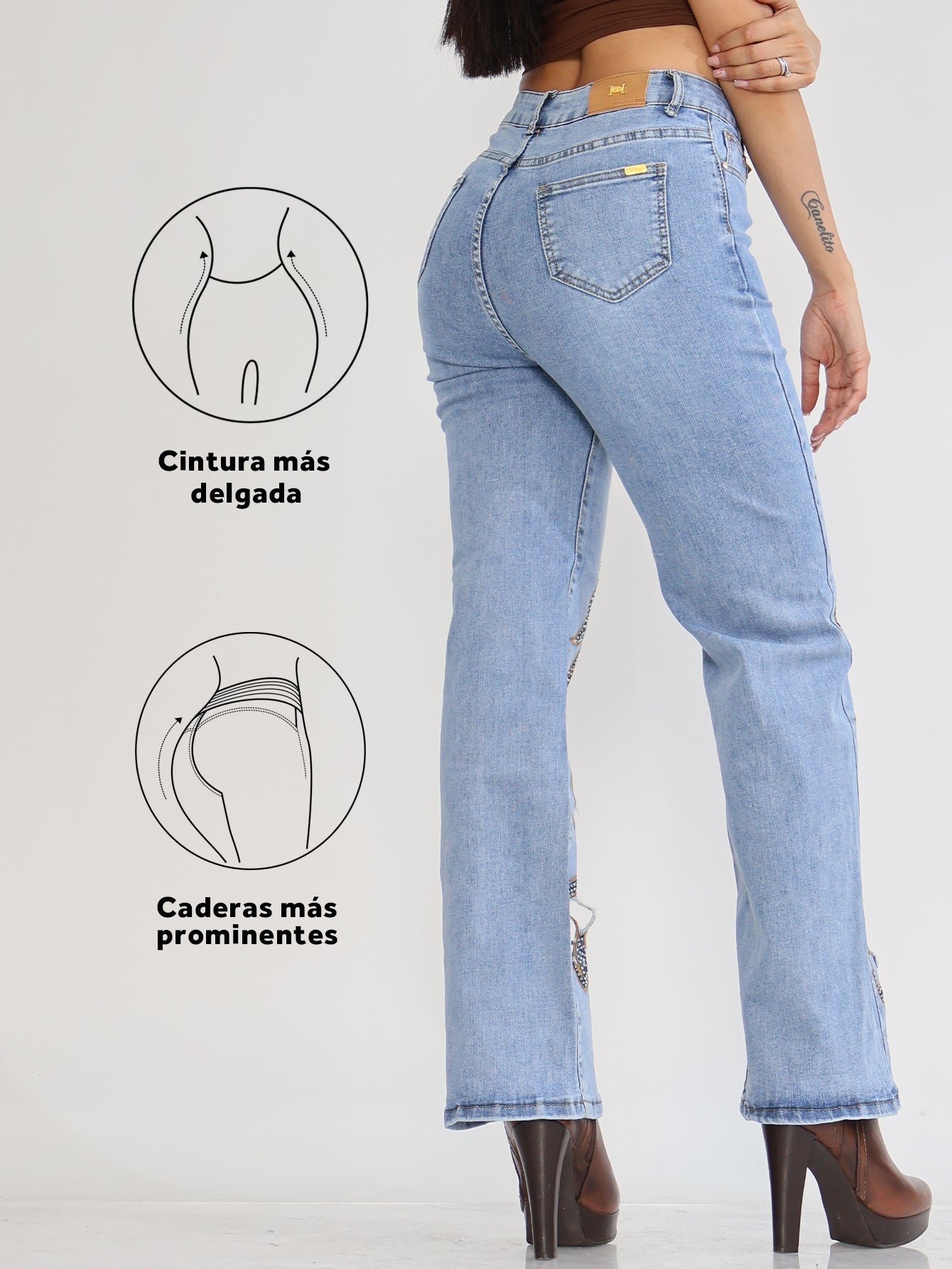 Jeans de Mezclilla de Pierna Ancha para Mujer - Cintura Alta y Flexible con Diseño de Flores