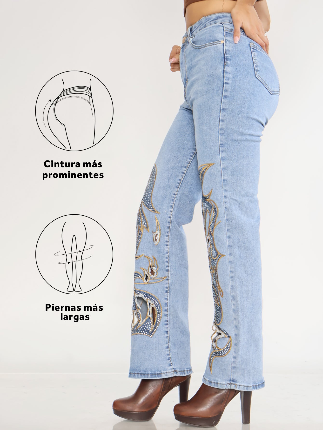 Jeans de Mezclilla de Pierna Ancha para Mujer - Cintura Alta y Diseño de Flores con Forros