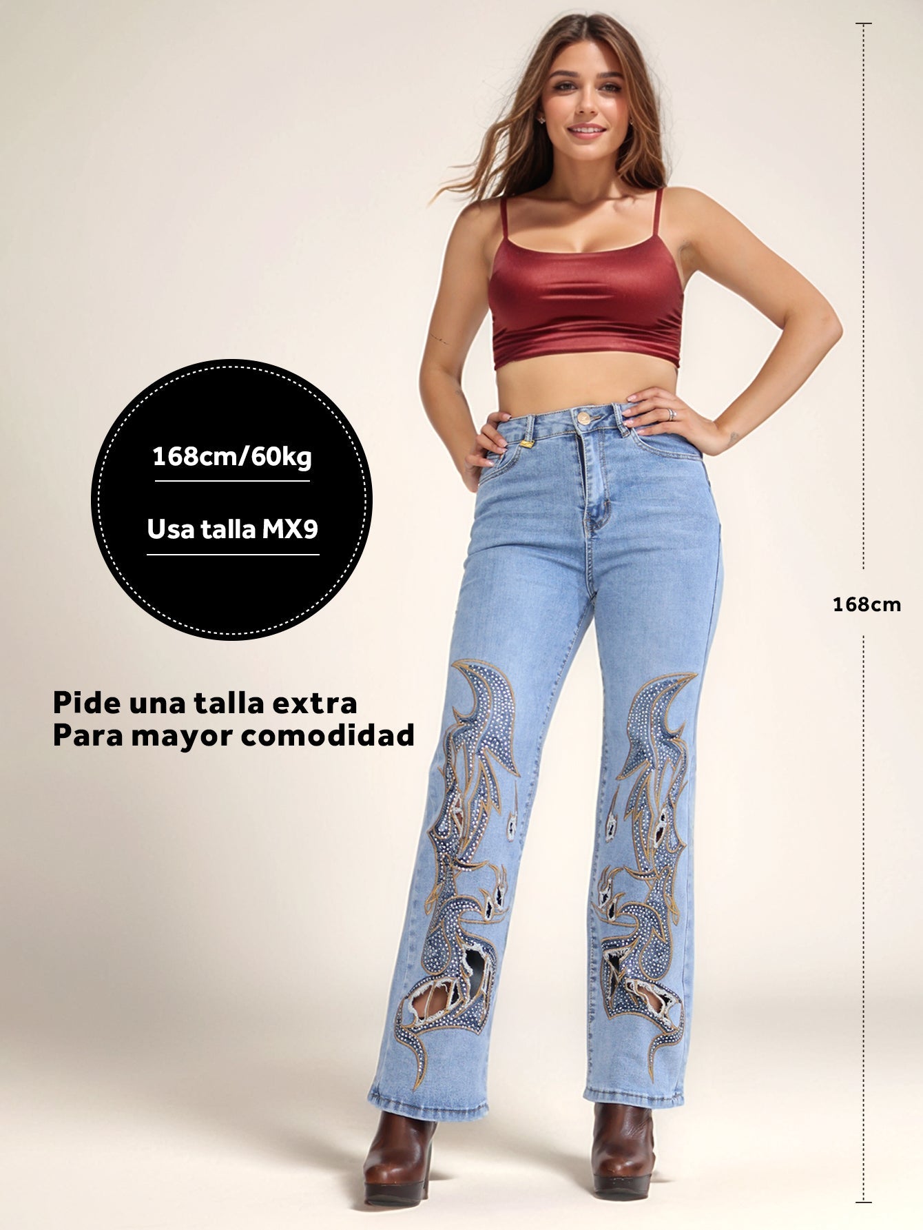 Jeans de Mezclilla de Pierna Ancha para Mujer - Cintura Alta y Diseño de Flores con Forros