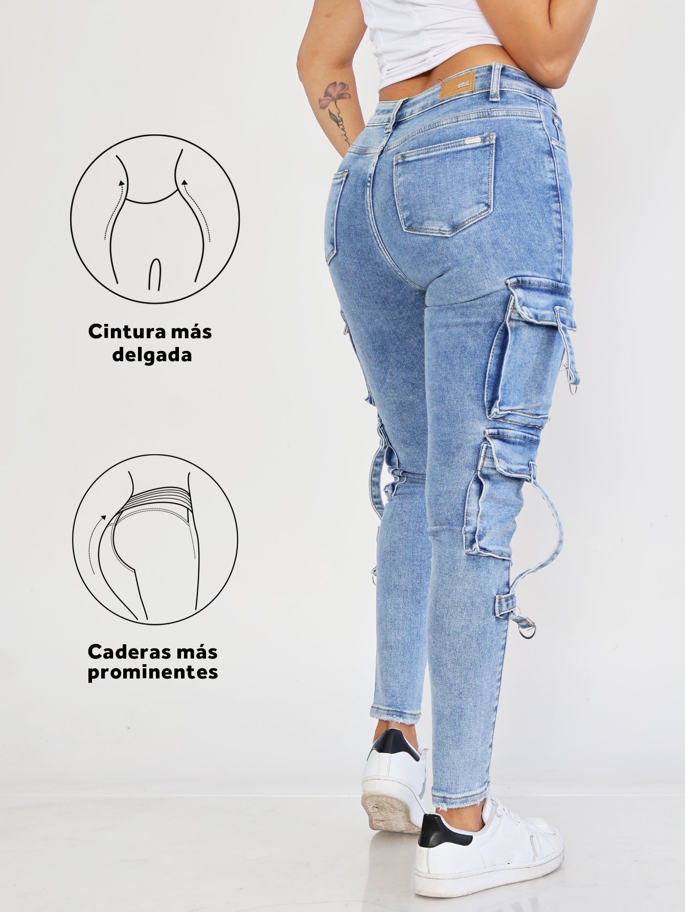 Pantalones Vaqueros Cargo para Mujer - Desgastados con Múltiples Bolsillos y Lazos Laterales