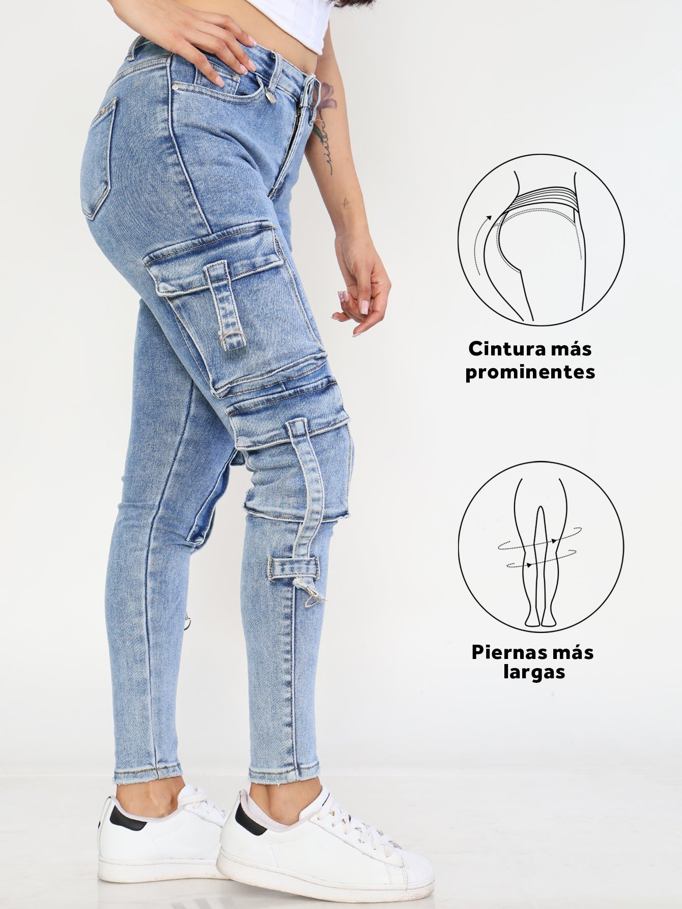 Pantalones Vaqueros Cargo para Mujer - Desgastados con Múltiples Bolsillos y Lazos Laterales