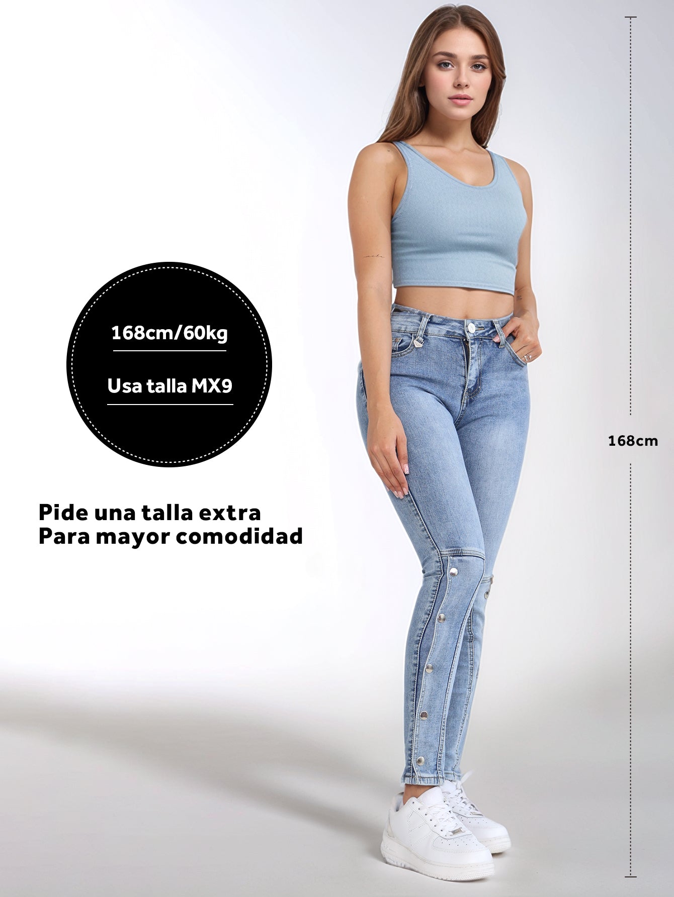 Pantalones Vaqueros Ajustados para Mujer - Lavado Medio con Botones Laterales