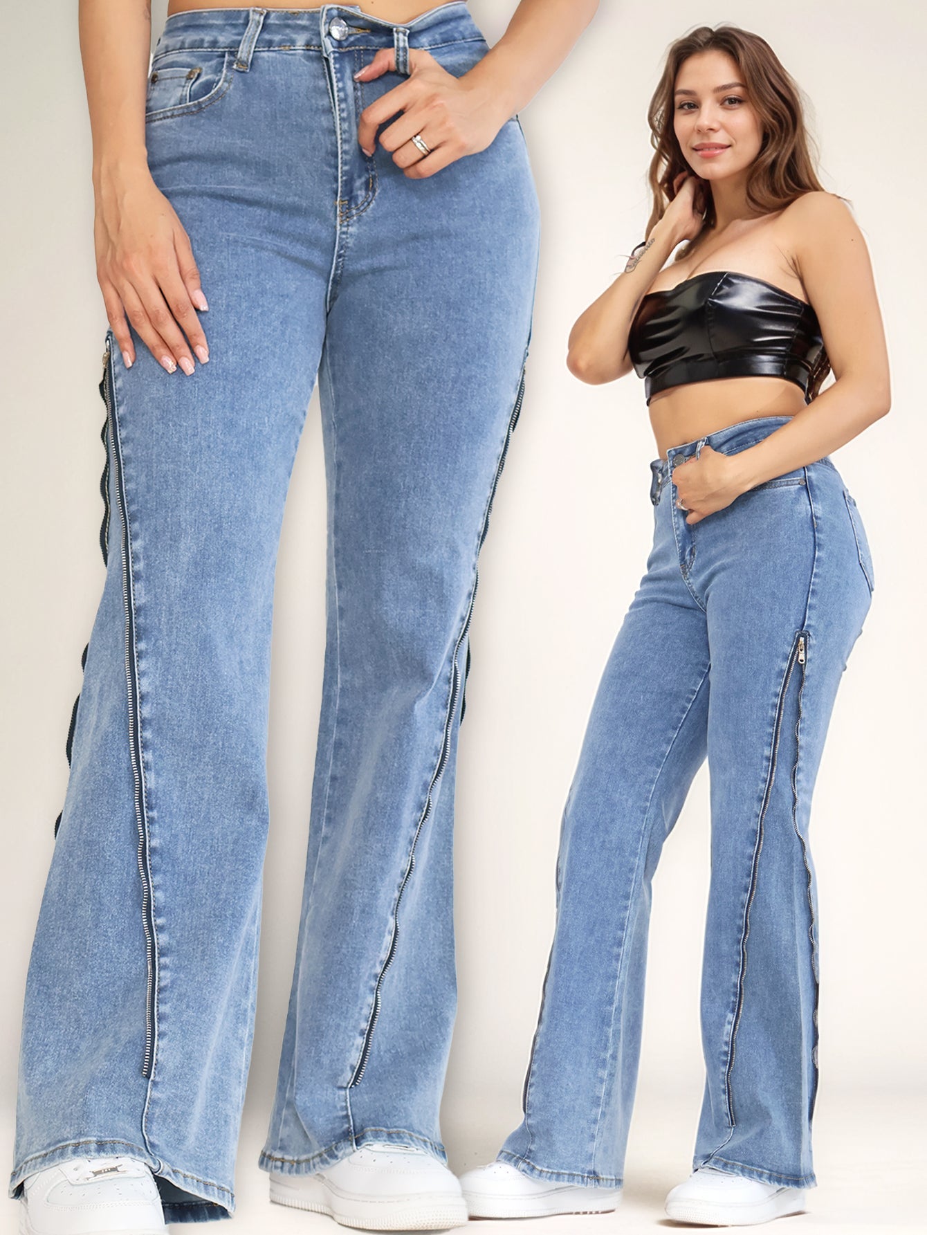 Pantalones Vaqueros Acampanados con Cremalleras Laterales - Tiro Alto en Azul Desgastado