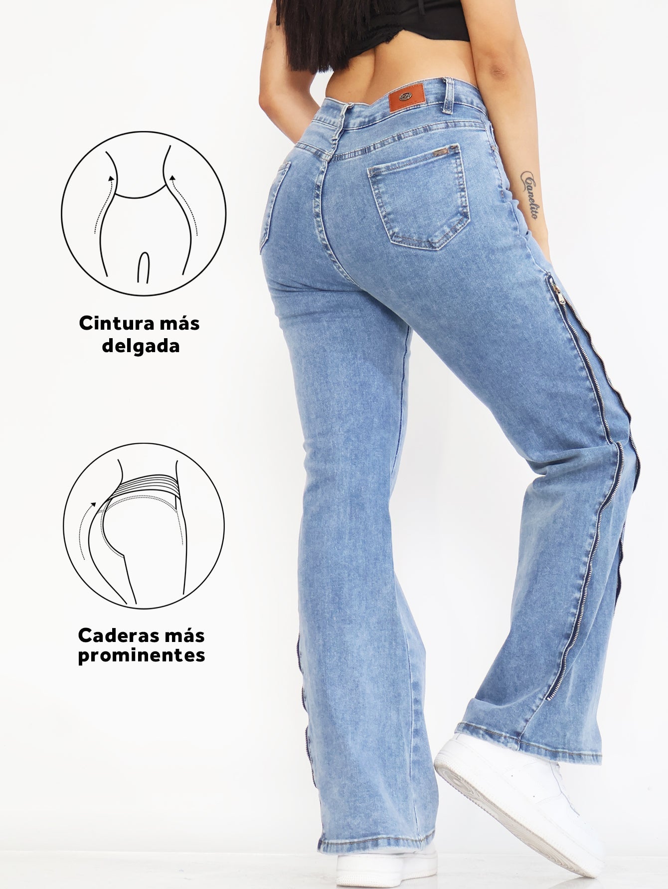 Pantalones Vaqueros Acampanados con Cremalleras Laterales - Tiro Alto en Azul Desgastado